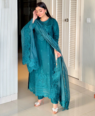 3 Piece Cotton Embroidered Dress - Teal Haze